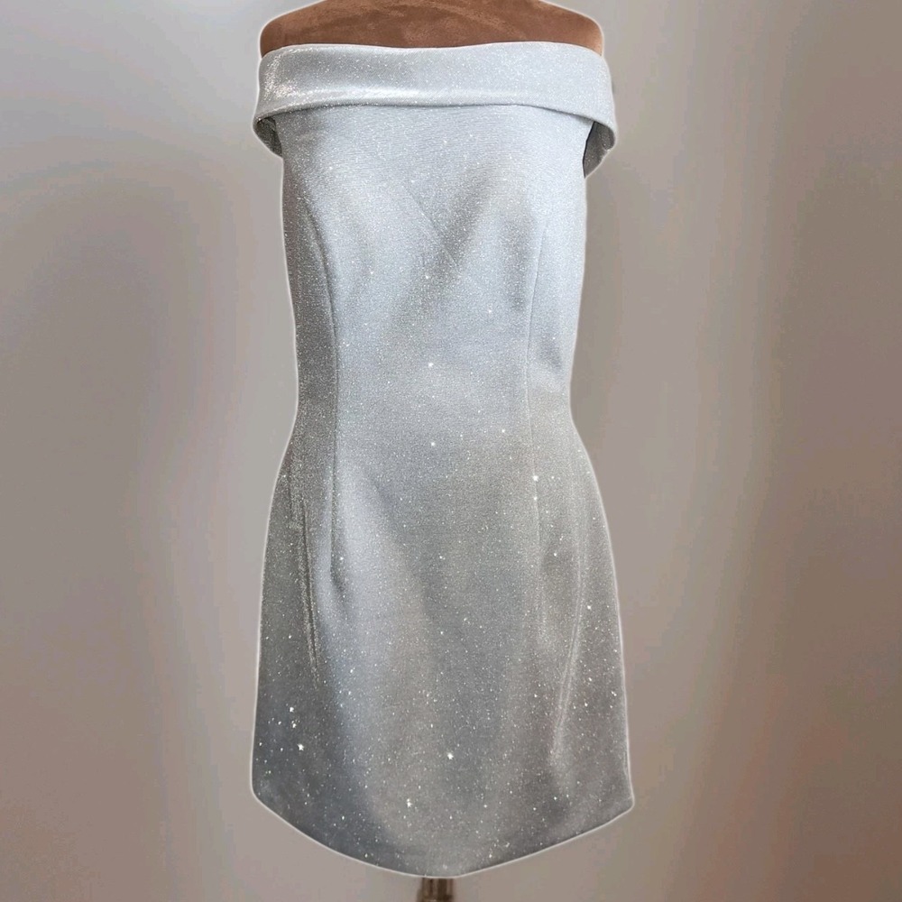 Sherri Hill Dress Size‎ 14 Silver Sparkle Off The Shoulder Knee Length Formal